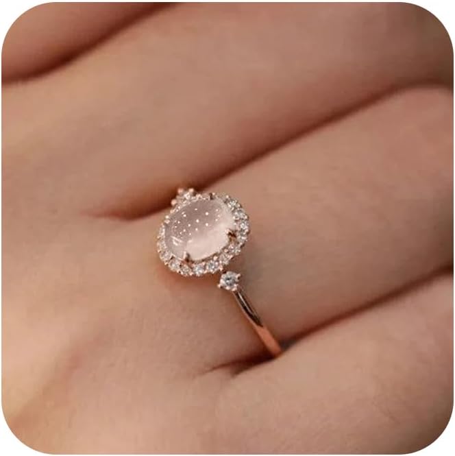 Sdouefos Store Bohemia Moonstone Ring 14K Rose Gold Plated 925 Sterling Silver Raw Rainbow Moonstone Rings Opal Diamond Ring Transparent Elegant Moonstone Engagement Cocktail Wedding Band Rings Size 9 - Image 1
